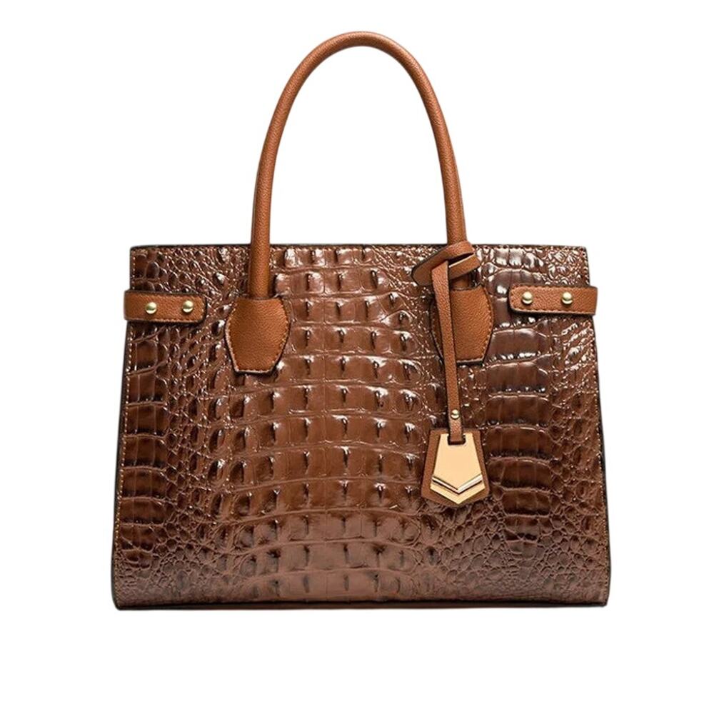 Brown Croc embossed Real Leather Hand Bag Top Handle Crossbody Gold Hardware